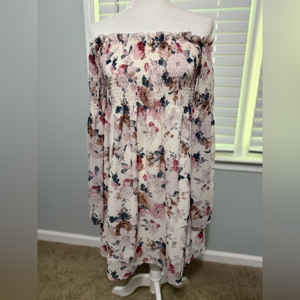 Off-Shoulder Floral Dress with Long Sleeves